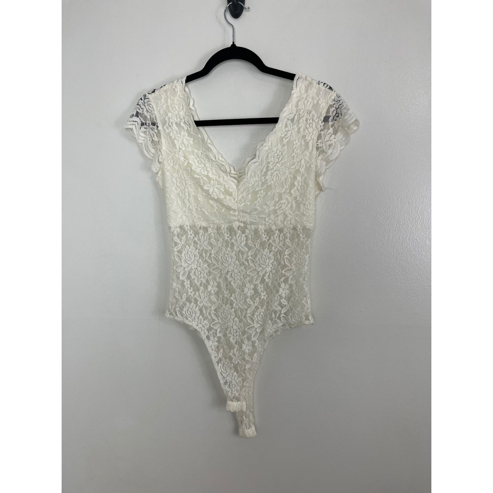 Just Polly Coquette Lace Bodysuit Women Large Ivory V-Neck Cap Sleeve Snap Close